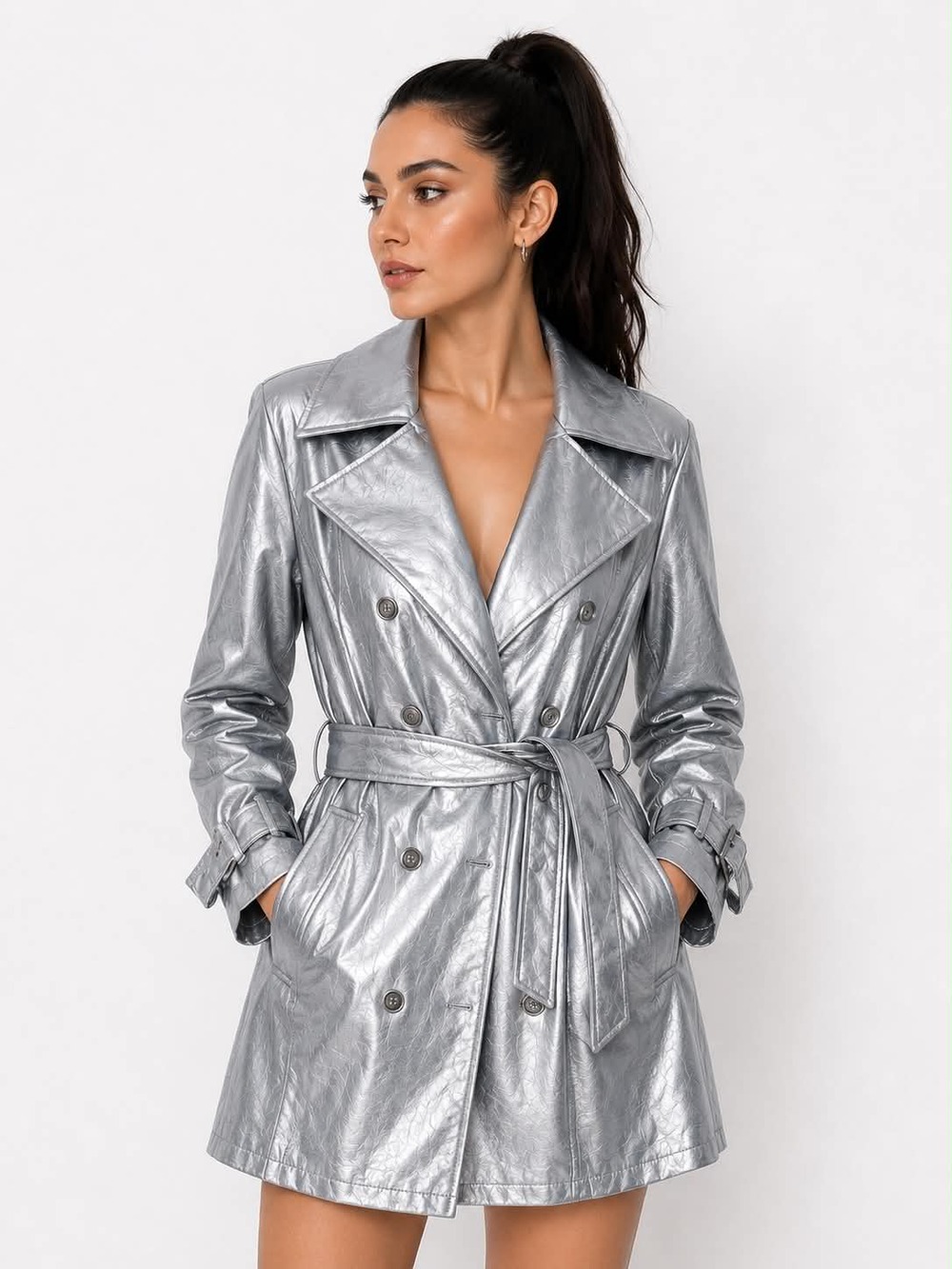 NWOT Forever 21 Silver Metallic Trench Coat Small Faux Leather Belted Jacket